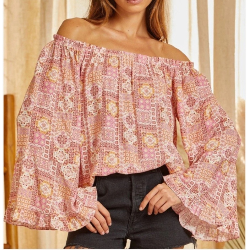 Savanna Jane Pink and Yellow Off-Shoulder Blouse